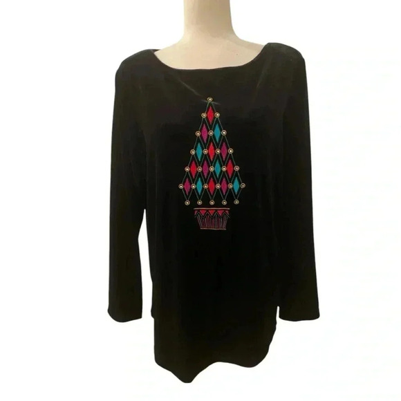 Bob Mackie Womens Vintage Velour Christmas Tree Rhinestone Top Size Large Black - Picture 1 of 6